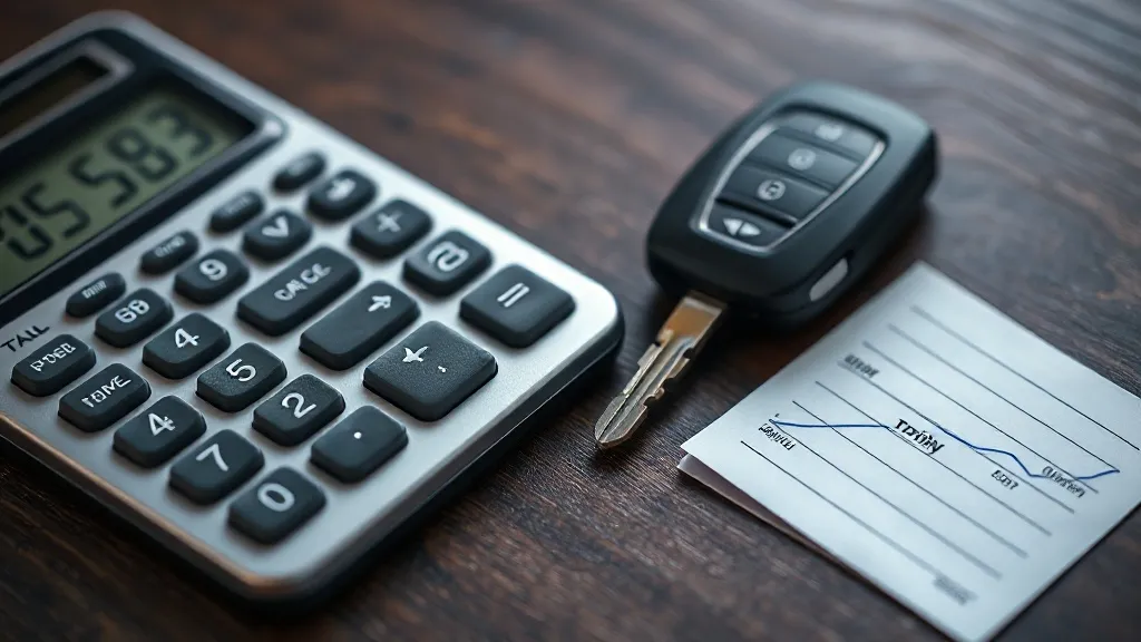 Close up of a financial calculator and a car key on a dark w