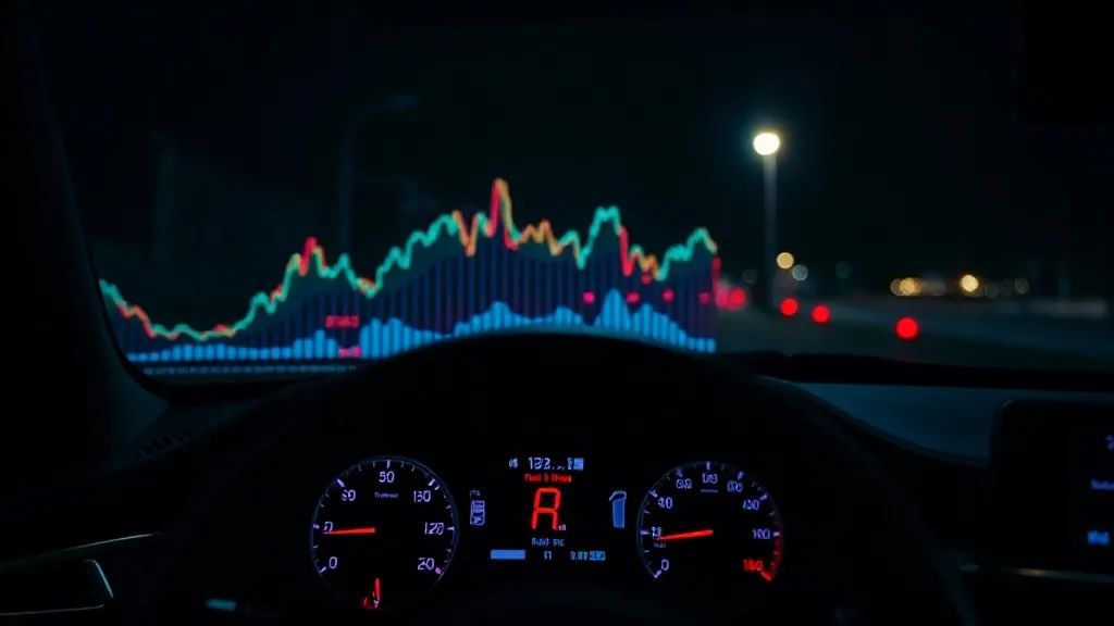 A dark, high-contrast close-up of a modern car dashboard wit