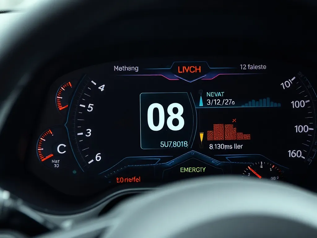 A technical close-up of a modern digital dashboard showing f