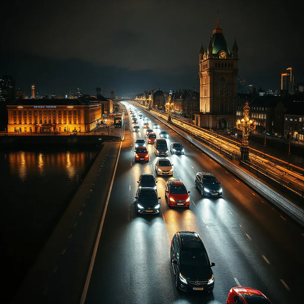 A high-angle long exposure shot of London traffic at night,