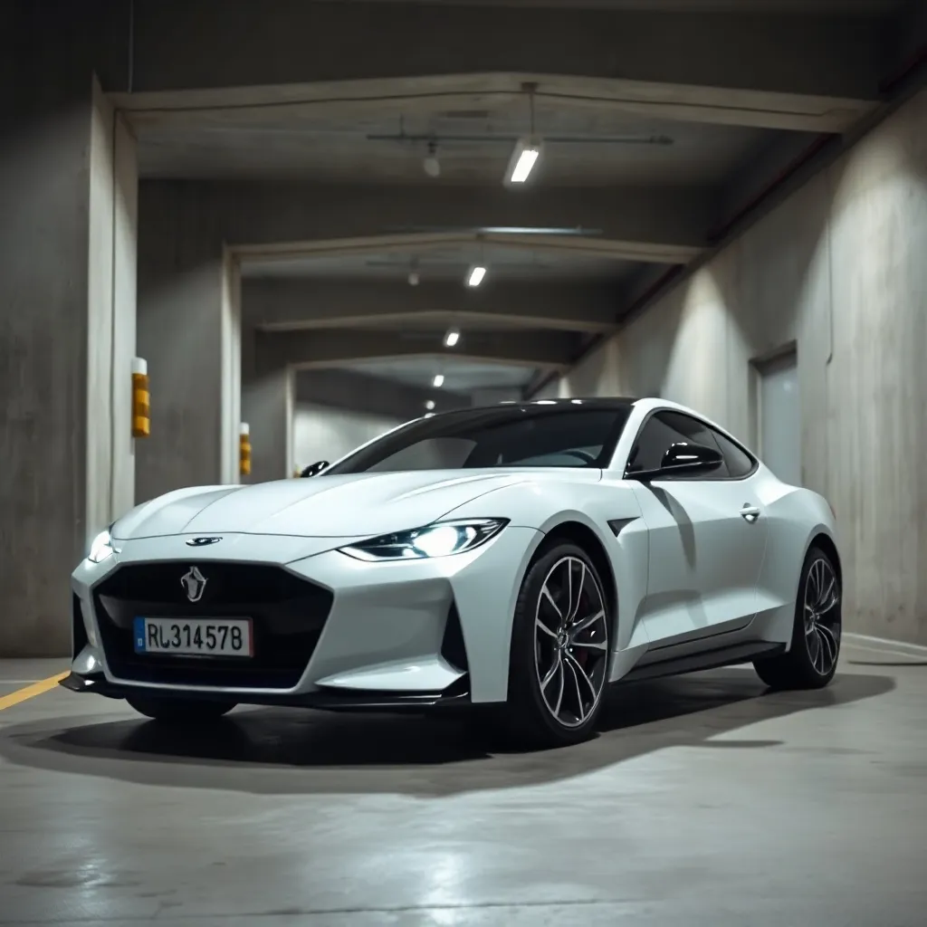 A modern high-end car parked in a minimalist concrete garage