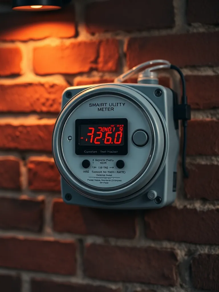Close up of a modern digital smart utility meter on a brick